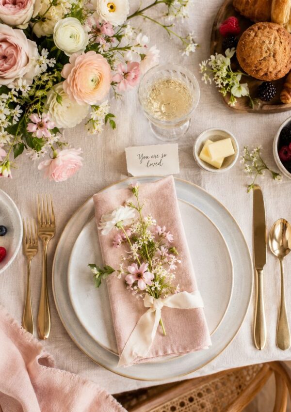 Elegant table setting with gold cutlery, pink napkin tied with ribbon and flowers, plates, berries, pastries, butter, a glass of champagne, and a note reading You are so loved. Flowers decorate the scene.