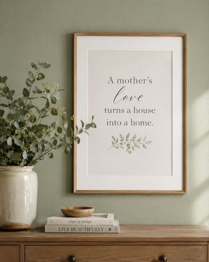A framed sign on a green wall reads, A mothers love turns a house into a home. A potted plant, a bowl, and stacked books sit on a wooden dresser below.