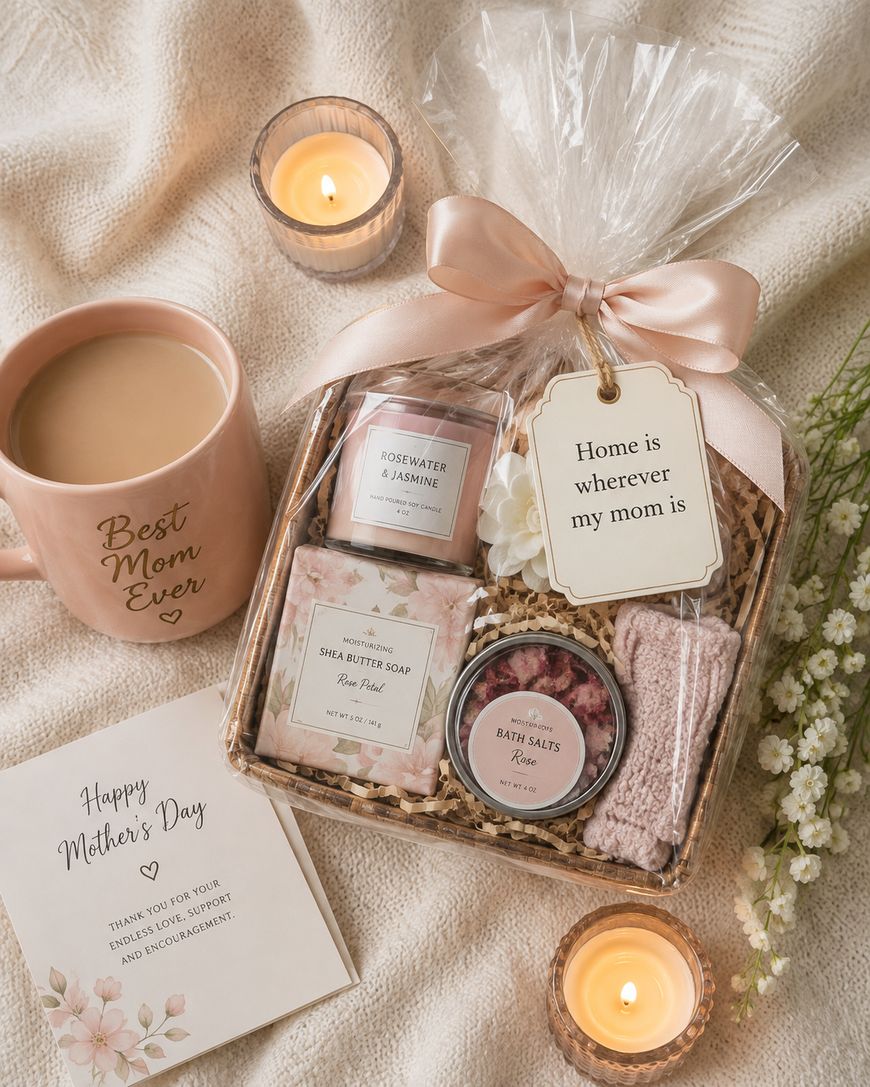 A Mothers Day gift set with a Best Mom Ever mug, candles, bath salts, soap, socks, and a Home is wherever my mom is tag, arranged on a cozy blanket with flowers and a card.