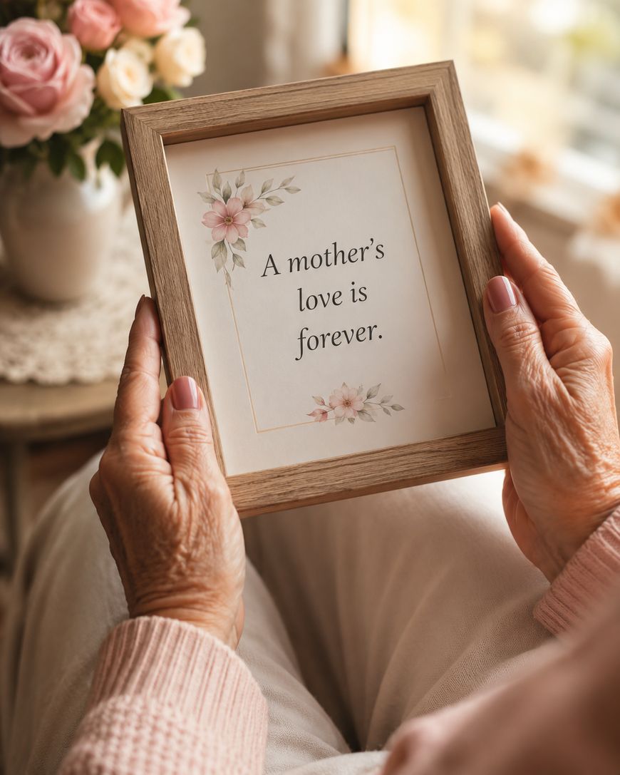 An older woman in a pink sweater holds a framed sign with floral decorations that reads, A mothers love is forever. Pink roses and soft light are in the background.