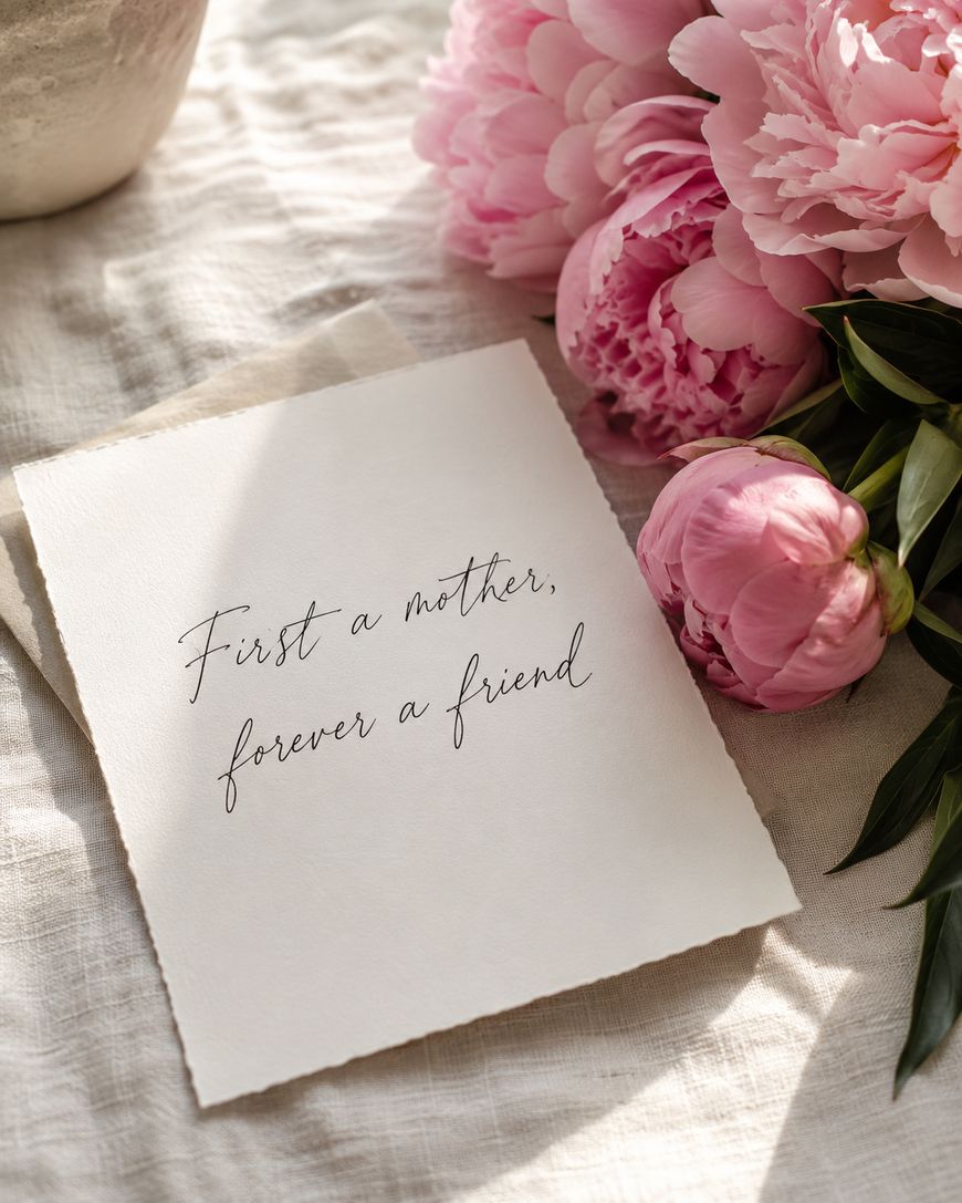 A handwritten note reading First a mother, forever a friend rests on fabric beside pink peonies and a small vase in warm natural light.