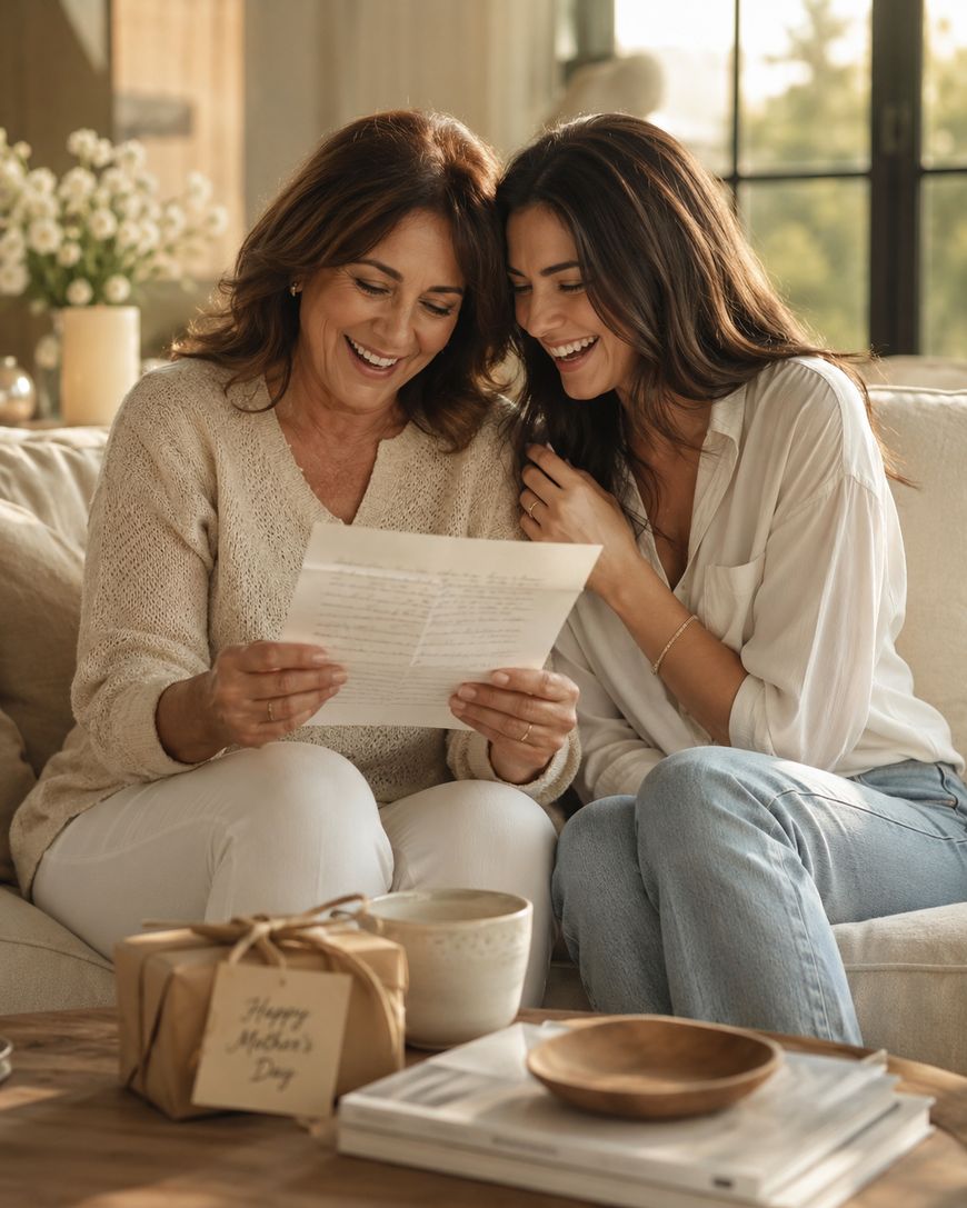 Two women sit on a couch smiling as they read a letter together. A wrapped gift labeled Happy Mothers Day sits on the table in front of them, along with a cup and a plate.