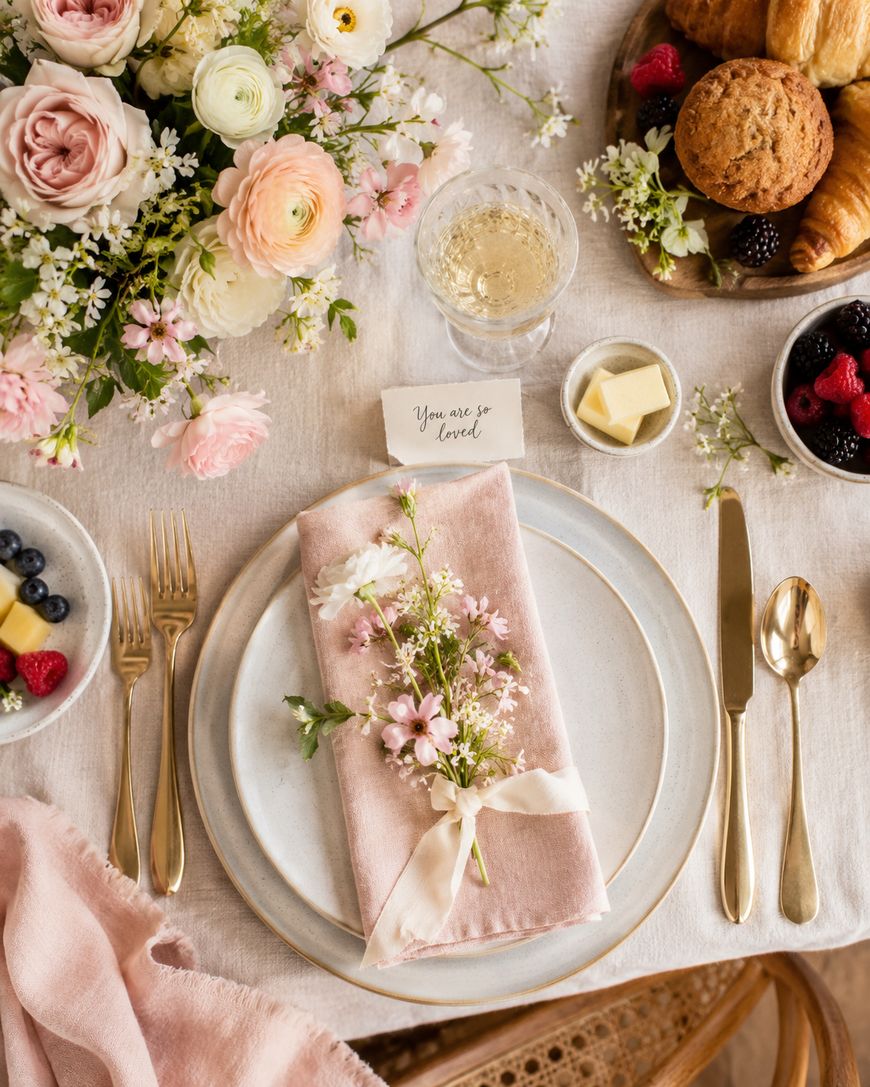 Elegant table setting with pink napkin, floral arrangement, gold utensils, pastries, berries, a glass of white wine, and a note reading You are so loved on a light tablecloth.