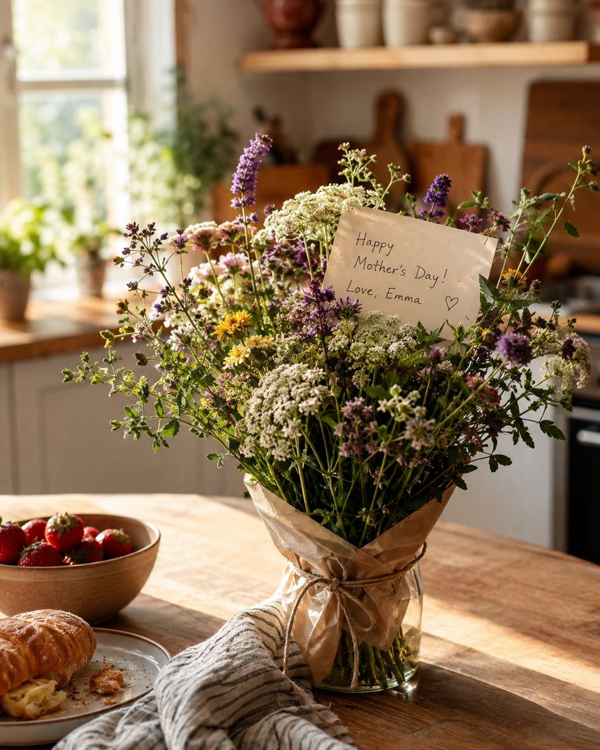 A bouquet of wildflowers in a glass vase with a Mothers Day note sits on a wooden table beside a plate of strawberries and a croissant, in a sunlit kitchen.