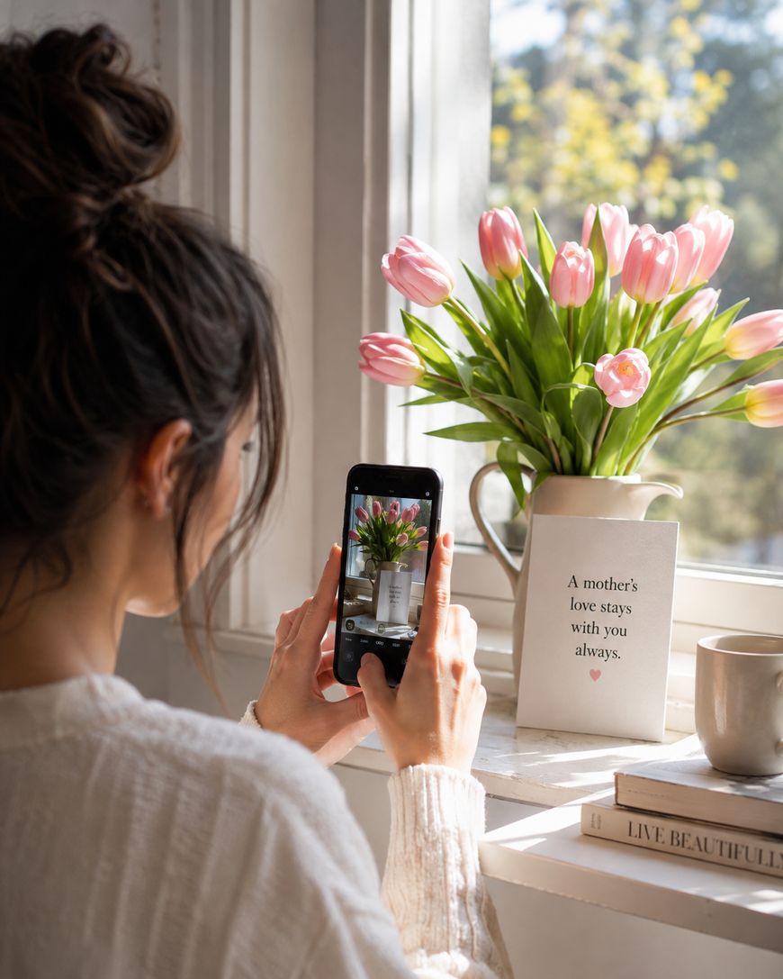 A woman takes a photo of pink tulips in a vase next to a card that says A mothers love stays with you always, on a sunny windowsill with a mug and book nearby.
