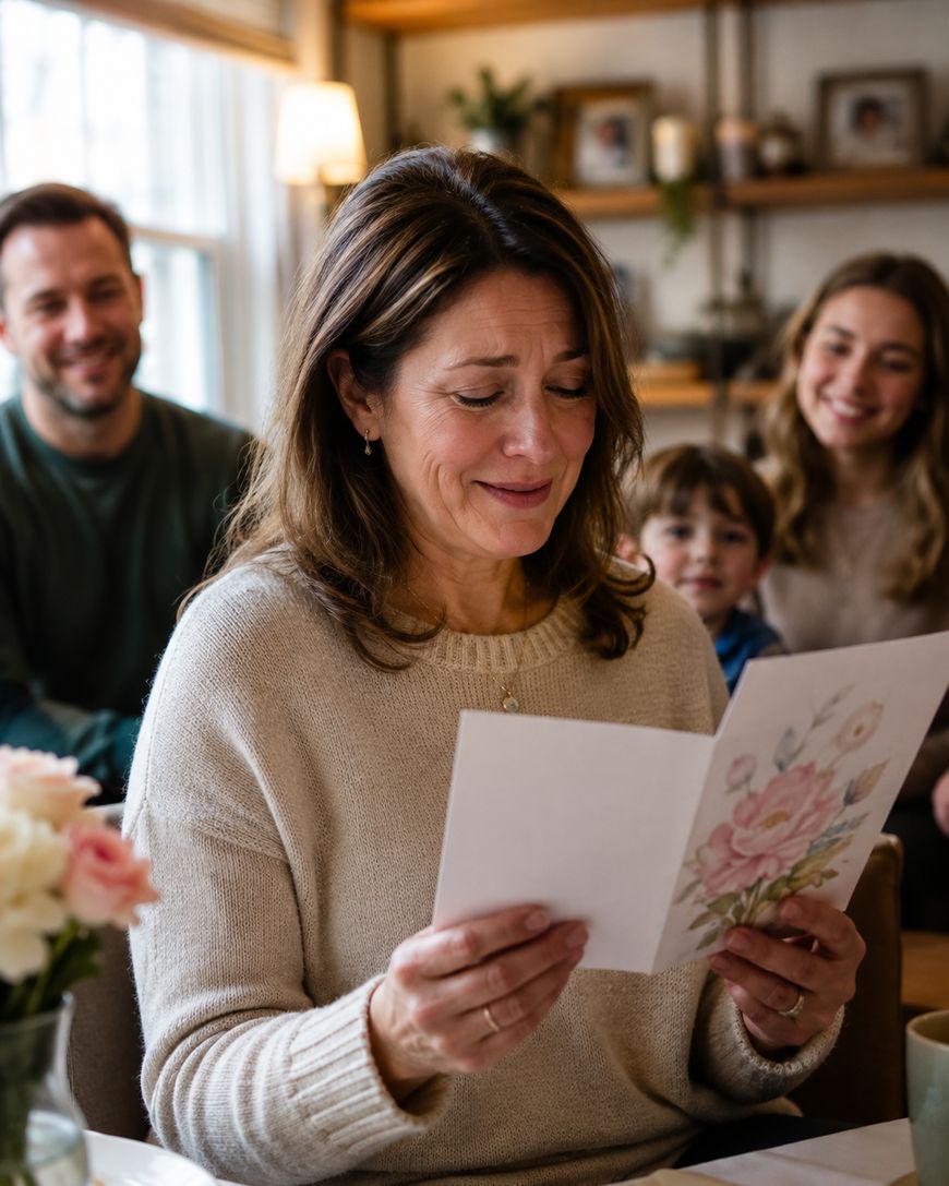 A woman sits at a table, smiling and emotional while reading a greeting card. Three people, including a child, sit behind her, smiling. A vase with flowers is on the table.