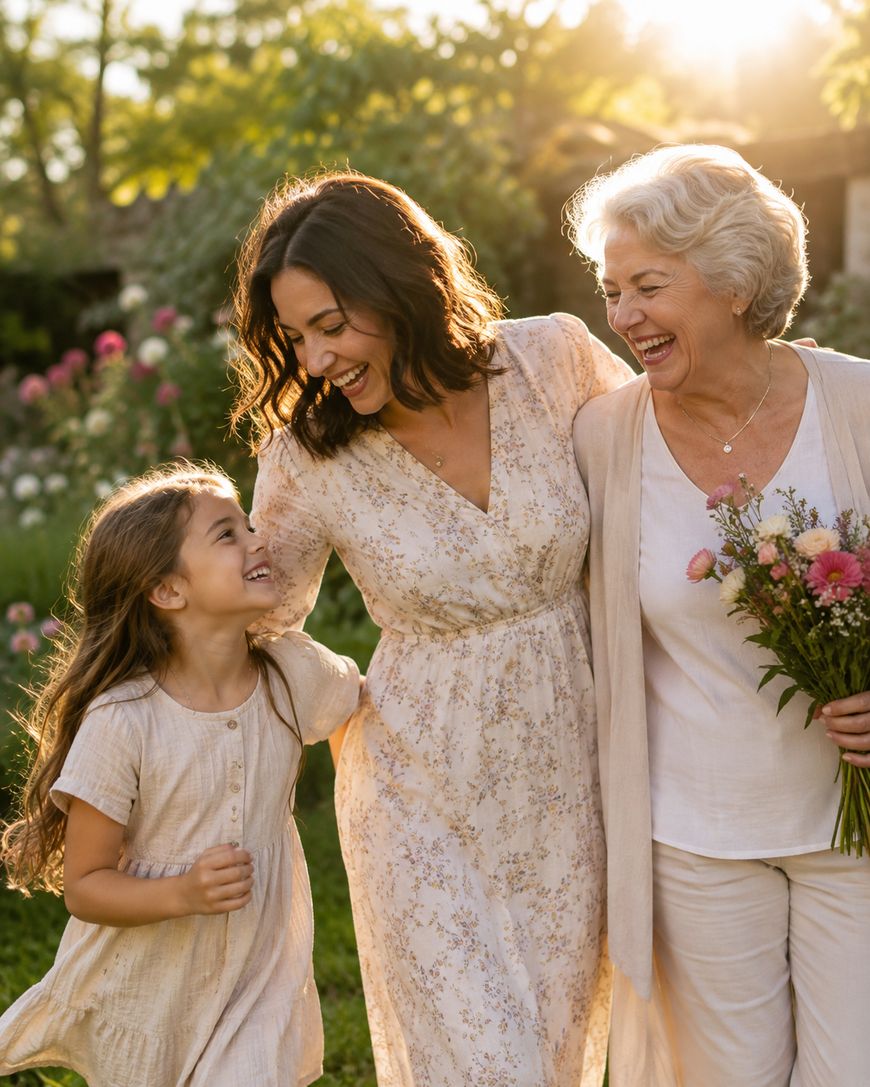 Three generations of women—child, mother, and grandmother—smiling and walking outdoors in a garden, with the grandmother holding a bouquet of flowers, sunlight shining behind them.