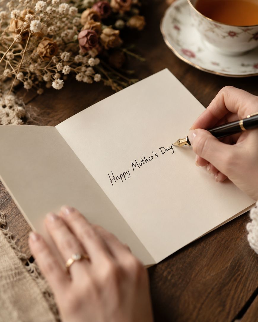 A person writes Happy Mothers Day in a card with a pen. Dried flowers, lace, and a teacup sit on a wooden table nearby.