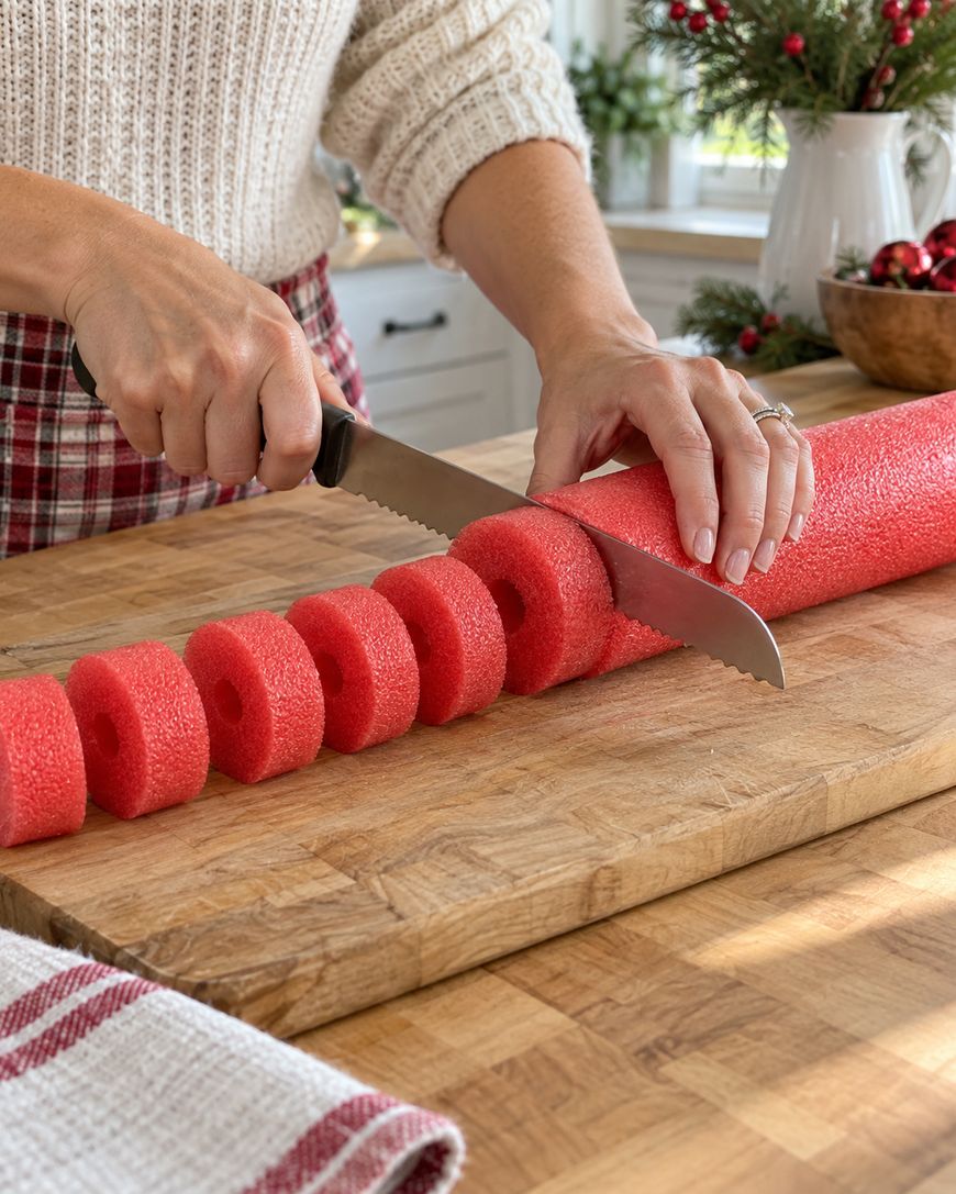 A person slices a red pool noodle into rings with a serrated knife on a wooden cutting board in a kitchen decorated for the holidays.