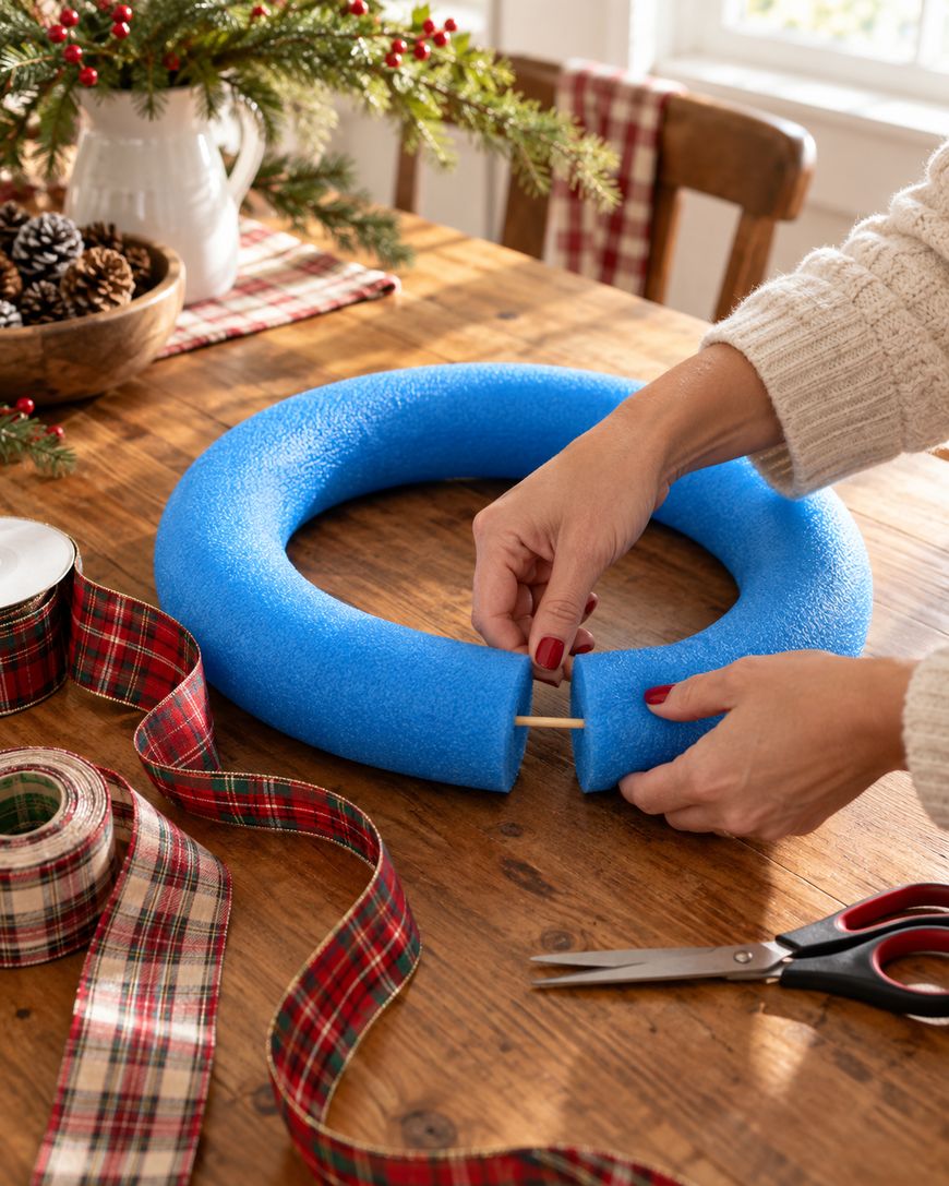 Hands assembling a blue foam wreath on a wooden table with plaid ribbon, scissors, and holiday decorations nearby.