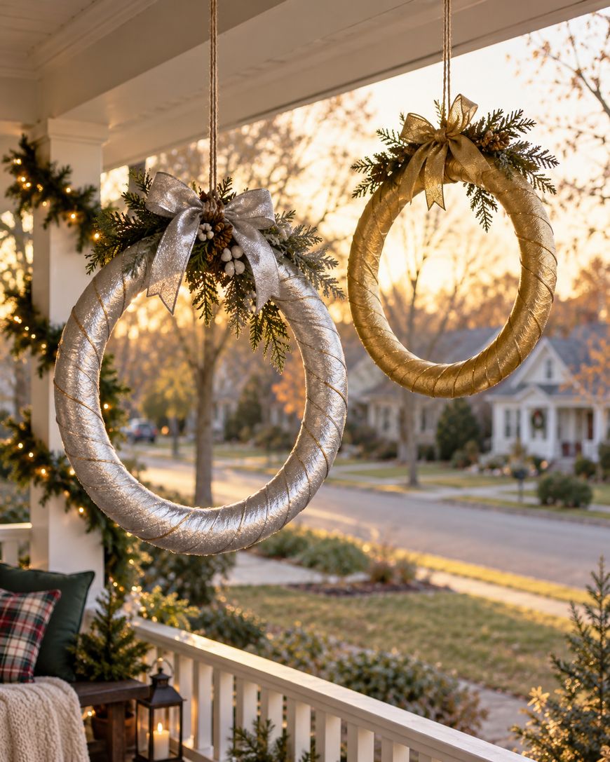Two gold and silver wreaths decorated with bows and pine branches hang from a porch at sunset. Christmas lights, a small tree, and houses with holiday decor are visible in the background.