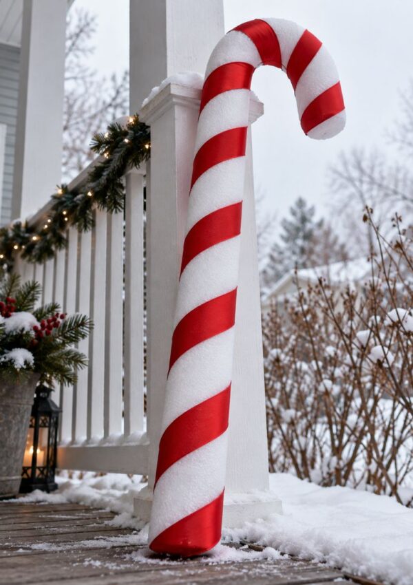 A giant candy cane decoration with red and white stripes leans against a porch railing on a snowy winter day, surrounded by holiday greenery and twinkle lights.