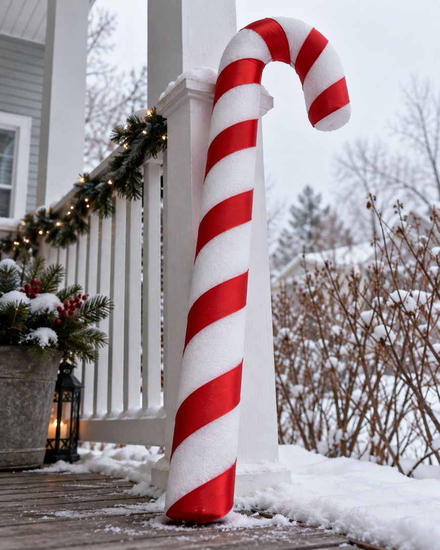 A giant candy cane decoration with red and white stripes leans against a porch railing on a snowy winter day, surrounded by holiday greenery and twinkle lights.