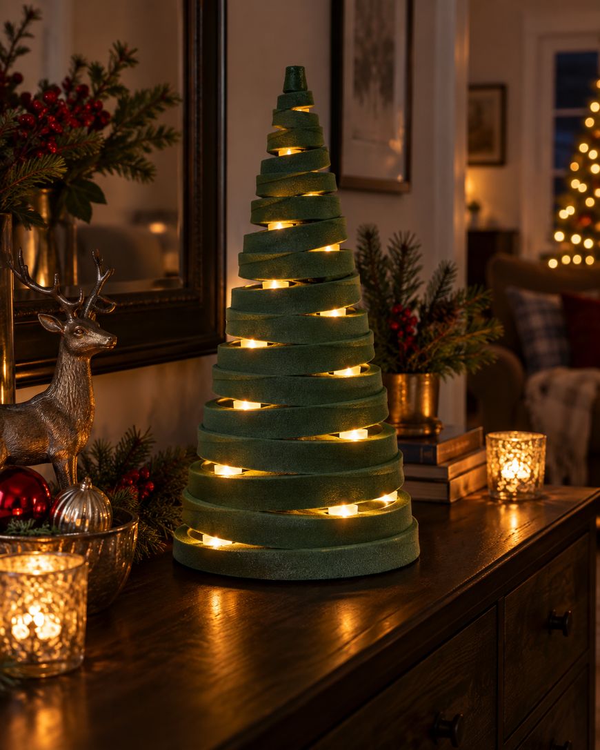 A spiral foam Christmas tree with warm lights sits on a wooden table, surrounded by candles, a decorative reindeer, and festive greenery in a cozy, softly lit room.