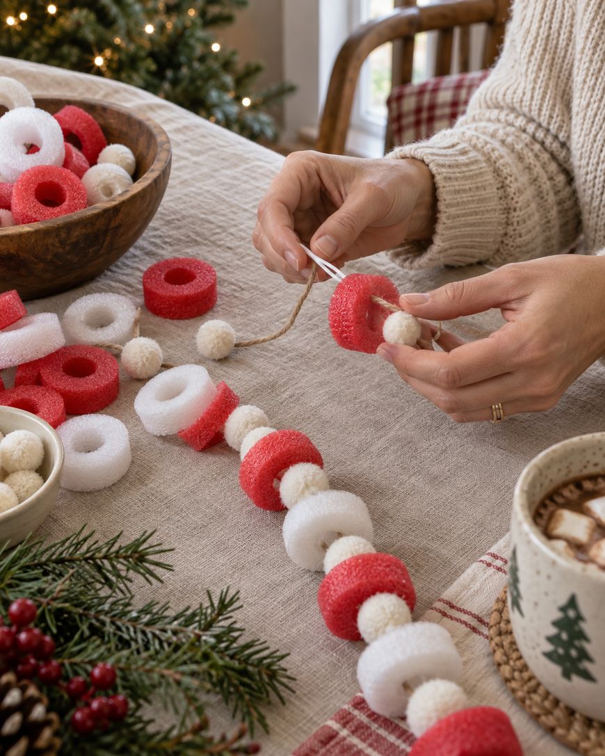 Hands stringing red and white foam rings and white balls into a festive garland on a table with a bowl of foam pieces, pine branches, and a mug of hot chocolate nearby.