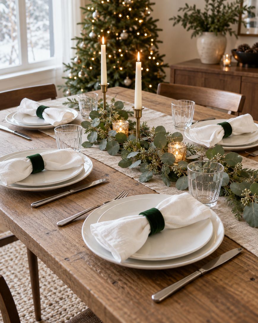 A wooden dining table is set with white plates, napkins, silverware, glassware, green napkin rings, candles, greenery, and a Christmas tree in the background.