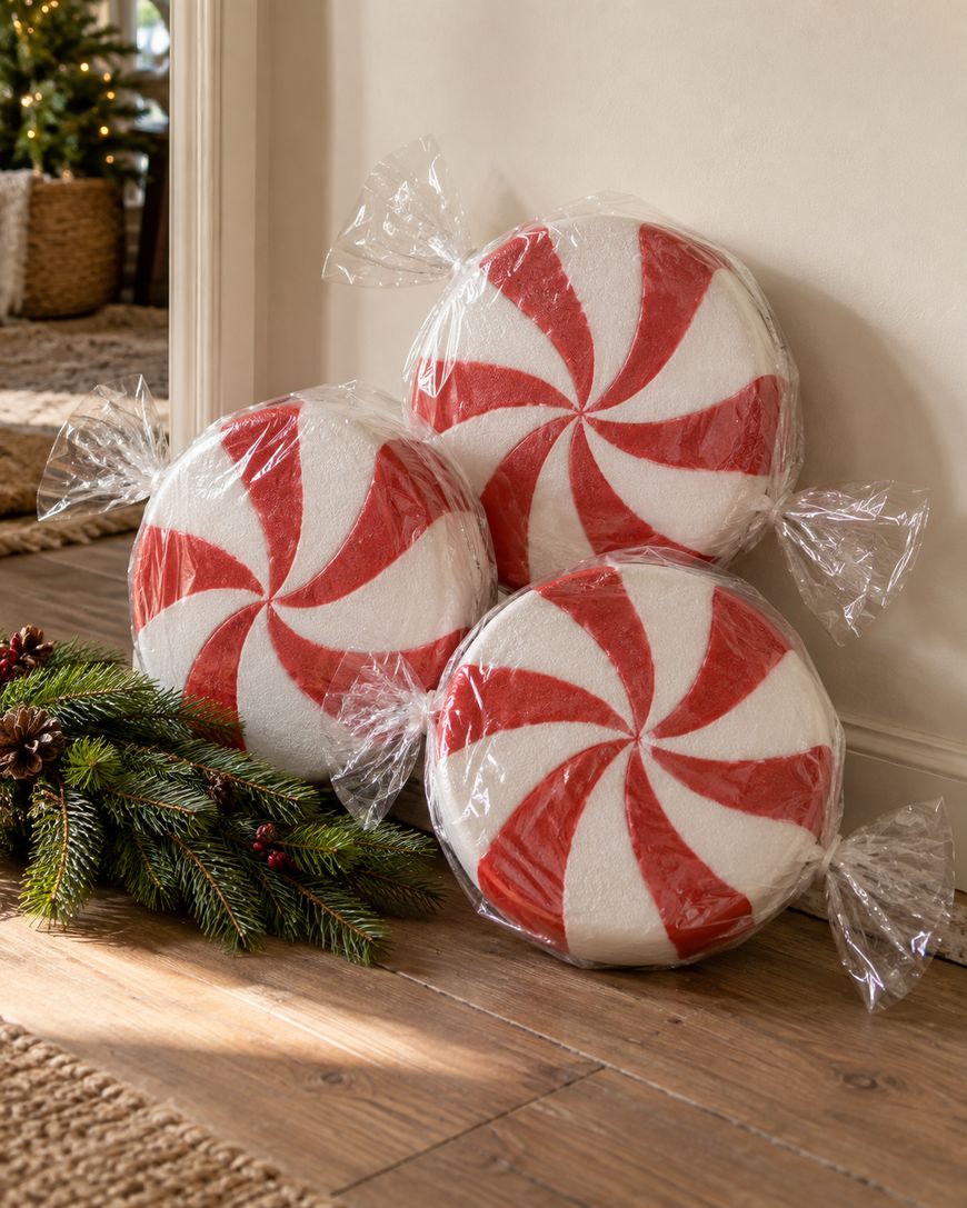 Three round pillows designed to look like peppermint candies are wrapped in clear plastic and stacked against a wall near pine branches on a wooden floor, with holiday decor visible in the background.