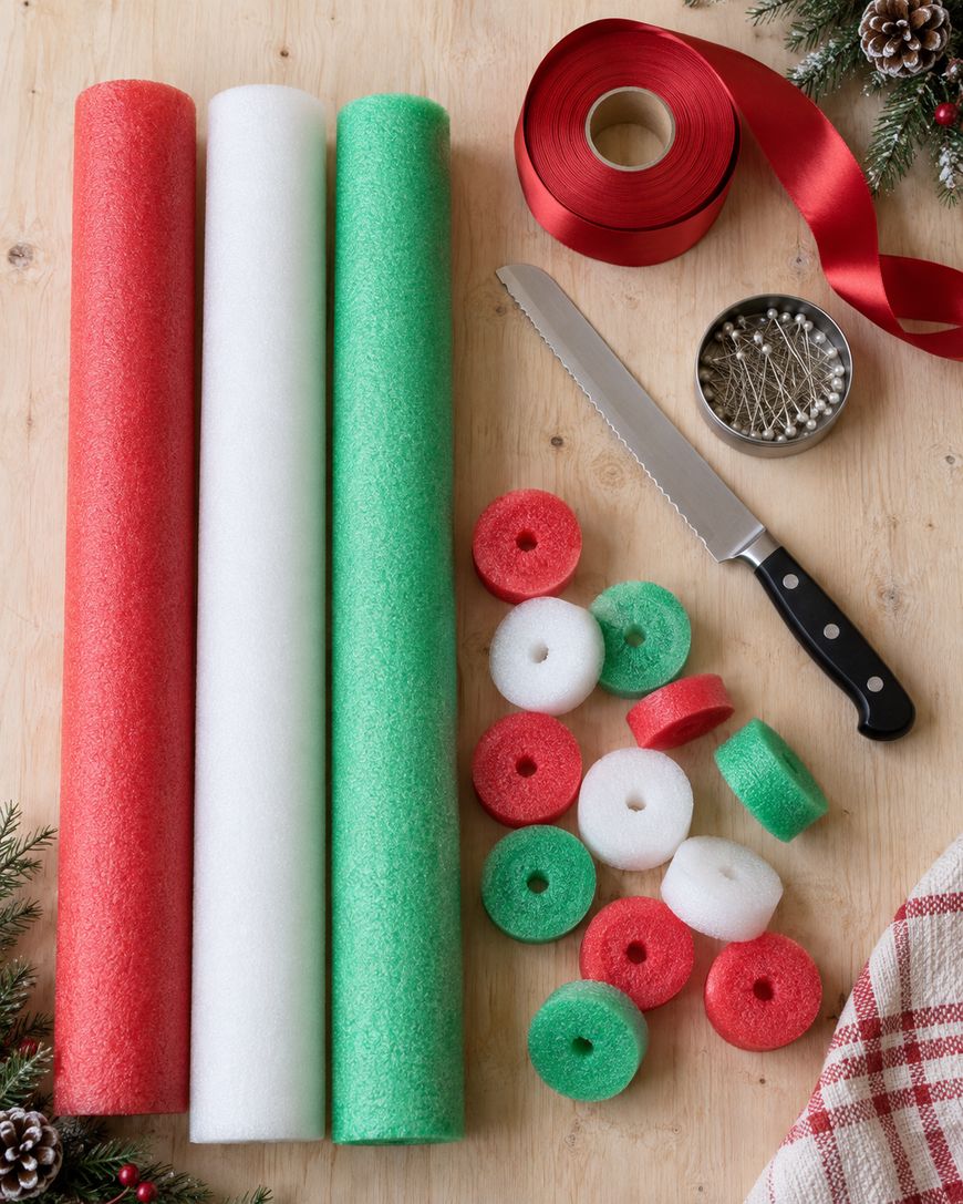 Red, white, and green pool noodles, a bread knife, pins, red ribbon, and small cut noodle pieces are arranged on a wooden surface with festive greenery and a plaid cloth, suggesting a holiday craft project.