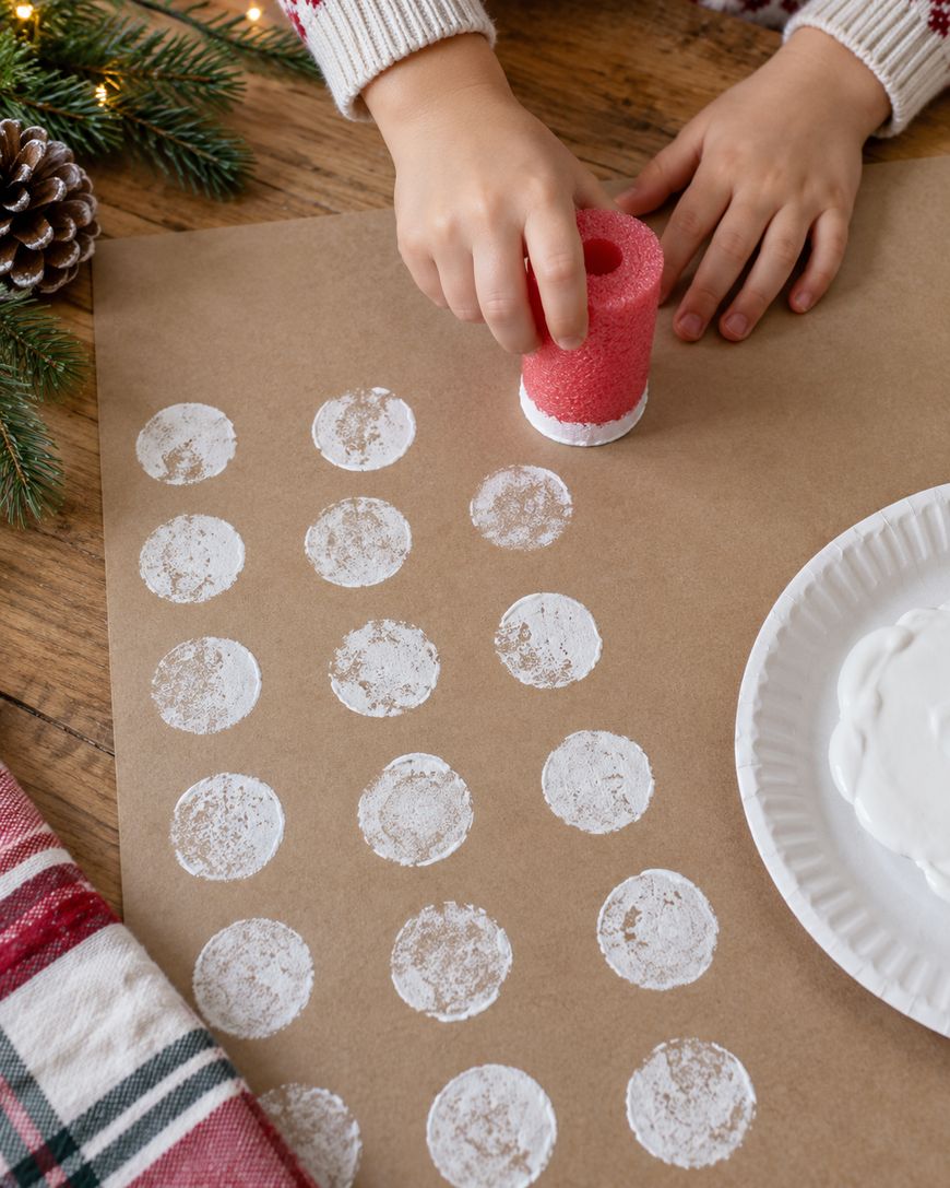 A child stamps white paint circles onto brown paper using a cut sponge. A plate of white paint, pine branch, and pinecone are nearby, creating a festive, handmade holiday wrapping paper.