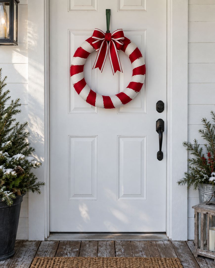 A white front door decorated with a red and white striped wreath and bow. Small evergreen plants with snow are in pots on either side of the door. A doormat and a lantern are also visible.