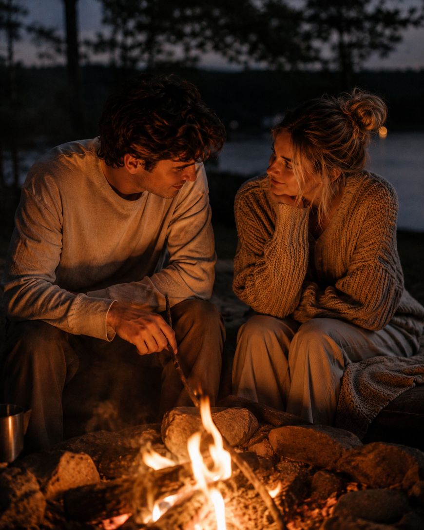 A man and woman sit close together by a campfire at dusk, looking at each other. They are surrounded by rocks, wearing cozy sweaters, with a lake and trees visible in the background.