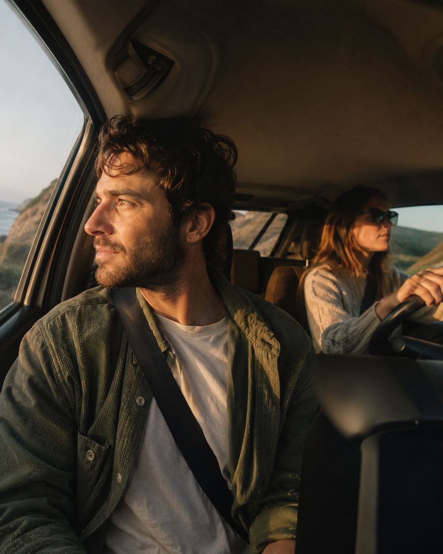A man wearing a seatbelt gazes out the car window while a woman drives along a scenic road during golden hour. Sunlight gently illuminates their faces.