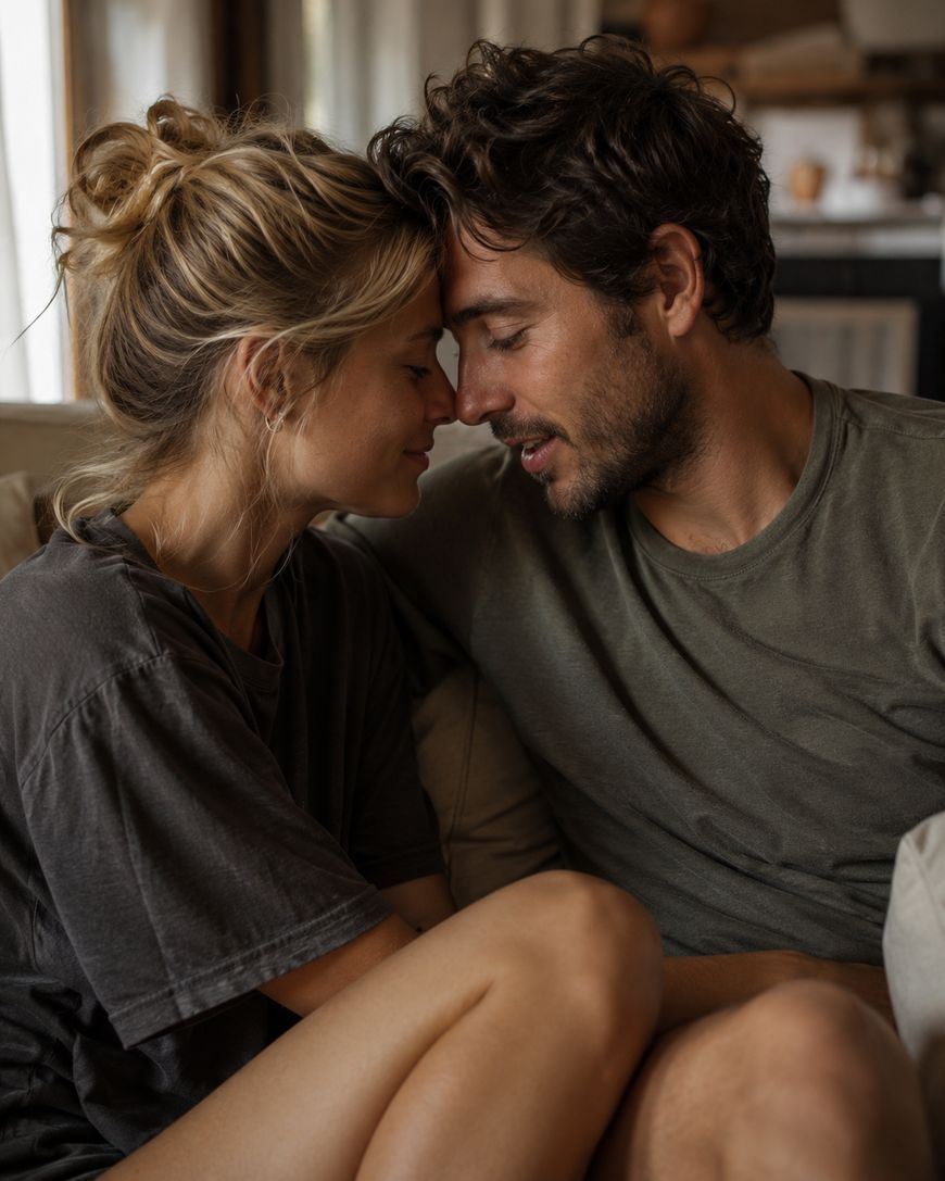 A couple sits close on a couch, touching foreheads and smiling softly, sharing an intimate, tender moment in a cozy living room.