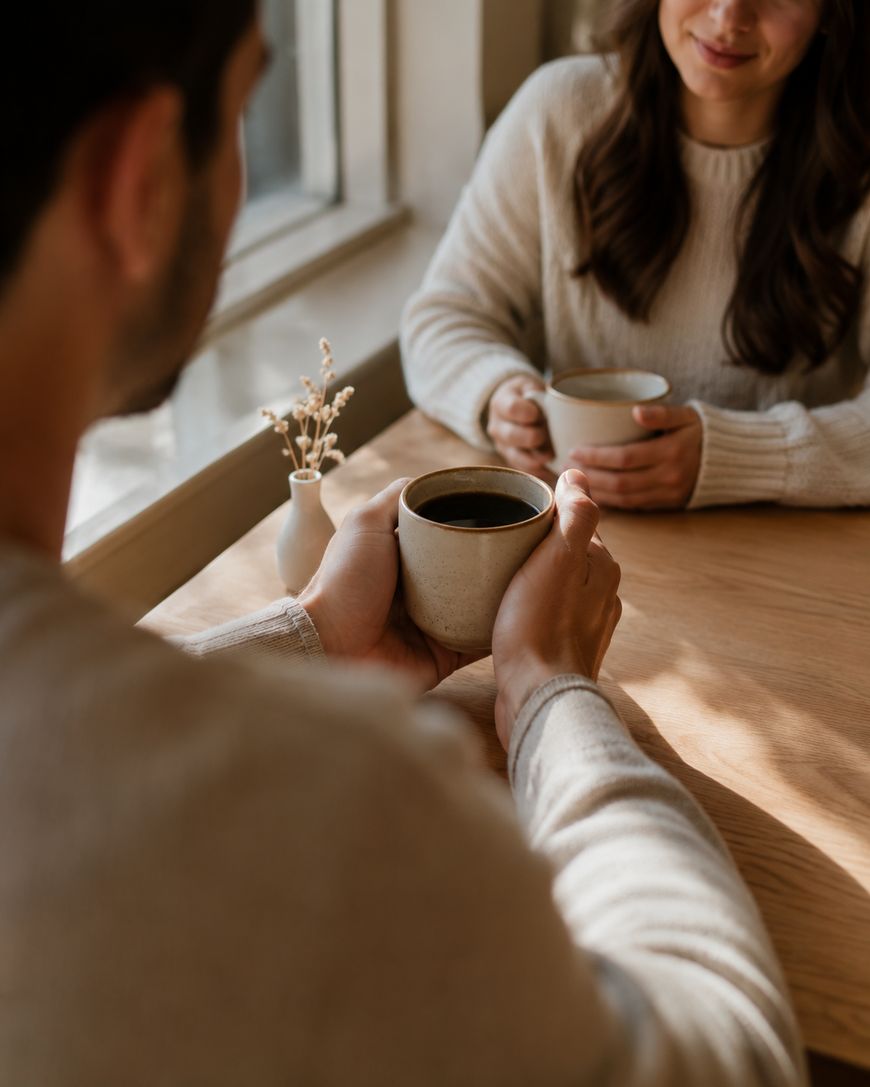 Two people sit at a wooden table by a window, each holding a cup of coffee. Sunlight streams in, and a small vase with dried flowers decorates the table. Both wear light-colored sweaters.