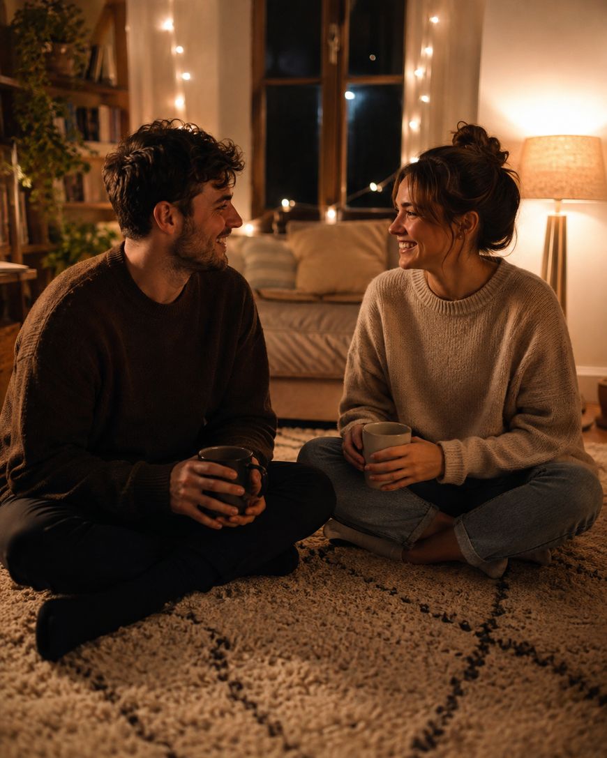 A man and woman sit cross-legged on a cozy rug, holding mugs and smiling at each other in a warmly lit living room with string lights, a sofa, and a lamp in the background.
