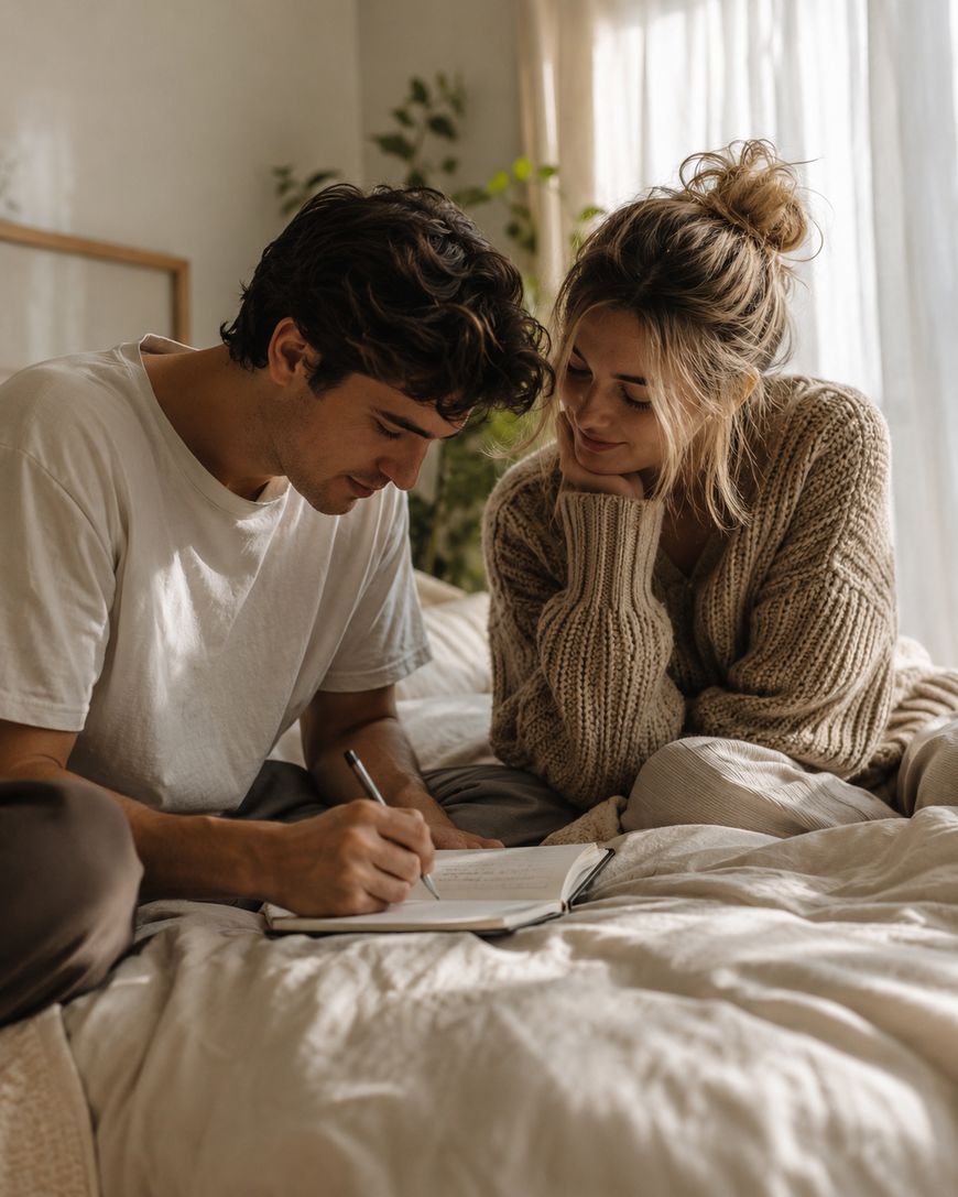 A man writes in a notebook while sitting on a bed next to a woman, who is smiling and watching him. Both are dressed casually and appear relaxed in a sunlit, cozy bedroom.