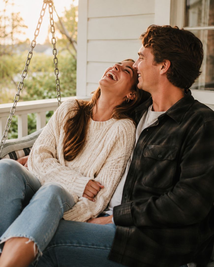 A couple sits close together on a porch swing, laughing and enjoying each others company during sunset. The woman wears a cream sweater and jeans, while the man wears a dark jacket and jeans.