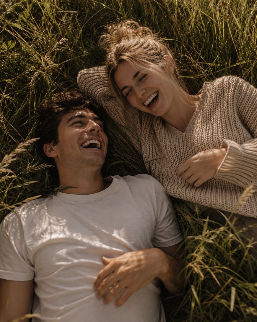 A young man and woman lie in tall grass, laughing together. The man wears a white t-shirt, and the woman wears a beige sweater. Both look happy and relaxed, enjoying a moment outdoors.