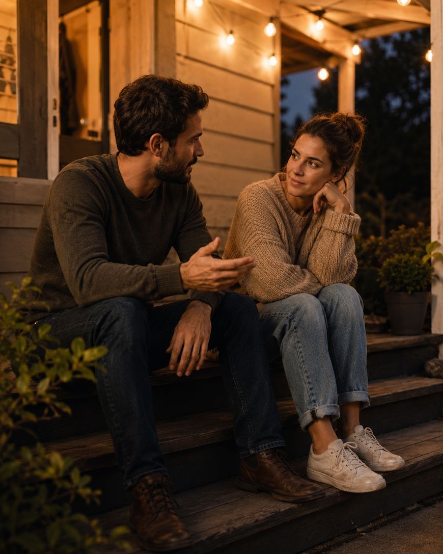 A man and woman sit on wooden steps at dusk, warmly dressed and talking under string lights, with plants nearby and a cozy house in the background.