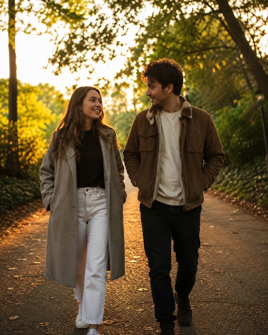 A woman and a man walk side by side on a sunlit path surrounded by trees, smiling at each other with hands in their coat pockets.