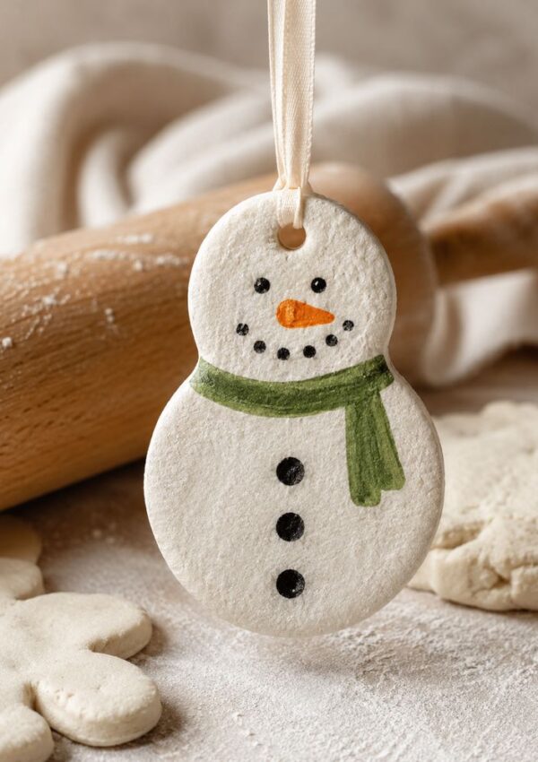 A snowman-shaped ornament with a green scarf and orange nose hangs by a ribbon, with baking tools and flour in the background.