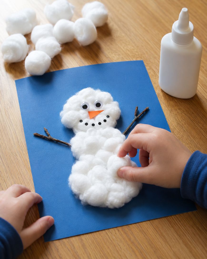 Child making a snowman craft by gluing cotton balls, twigs, and paper onto blue paper. A bottle of glue and extra cotton balls are on the wooden table.
