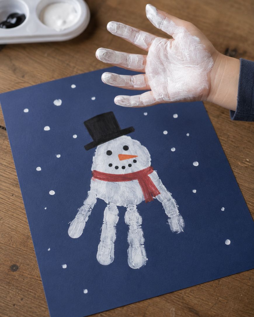 A childs hand painted white is shown above a paper with a snowman made from a handprint. The snowman has a black hat, red scarf, and is surrounded by white dots representing snow.