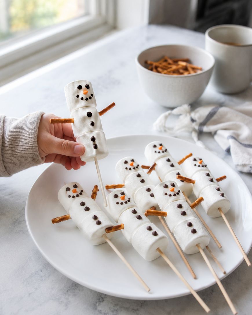 A child holds a marshmallow snowman on a stick, decorated with chocolate chips and pretzel arms. Several snowman treats rest on a white plate on a kitchen counter near a bowl of pretzels.
