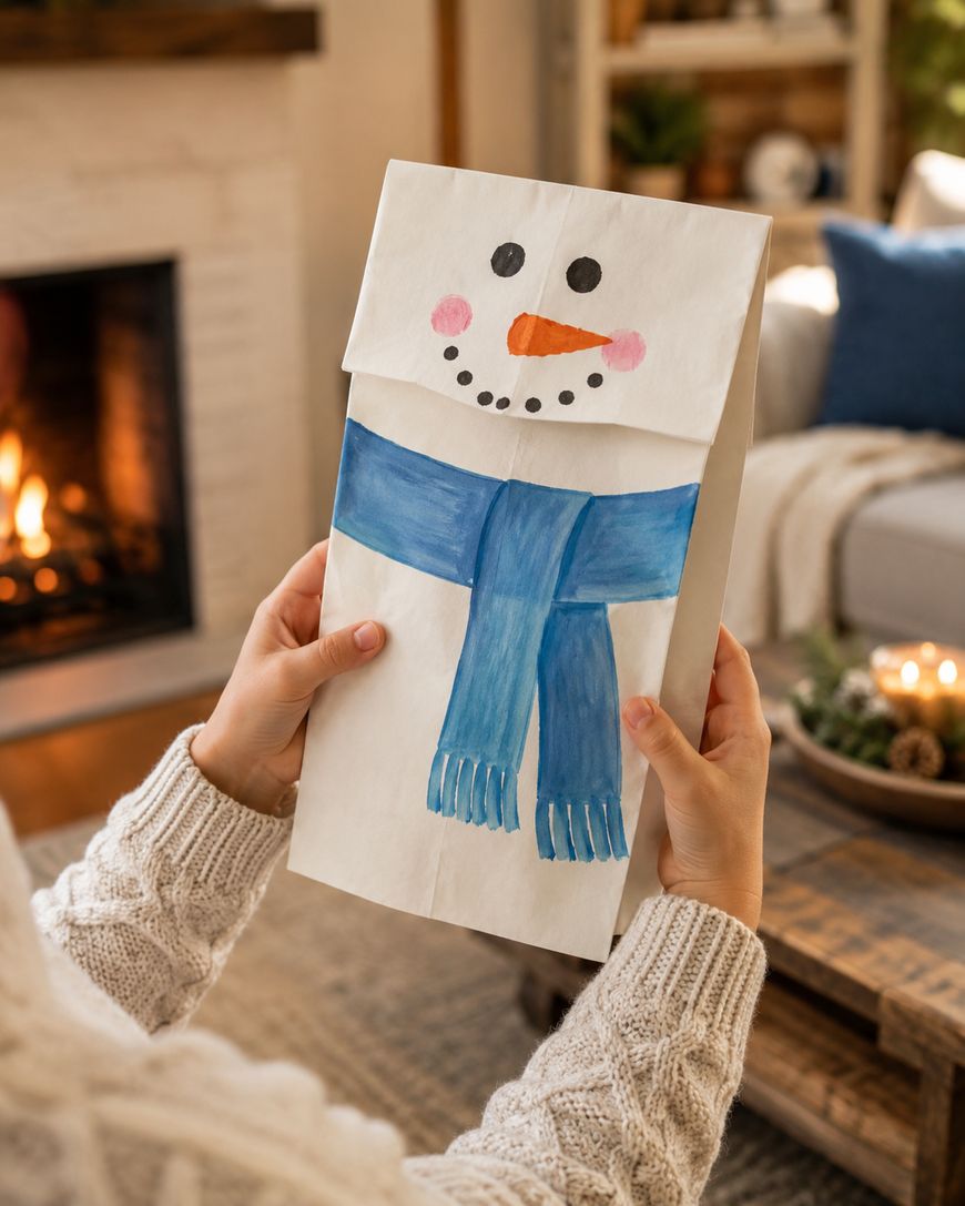 Person holding a paper bag decorated as a snowman with a blue scarf, carrot nose, and smiling face. A fireplace and cozy living room are in the background.