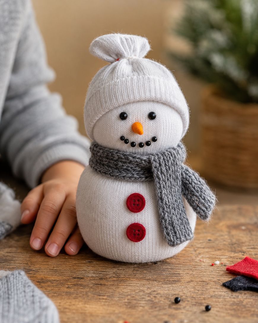 A handmade snowman decoration made from white socks, with button eyes, a gray knit scarf, a gray hat, and red buttons, sits on a table next to a childs hand.