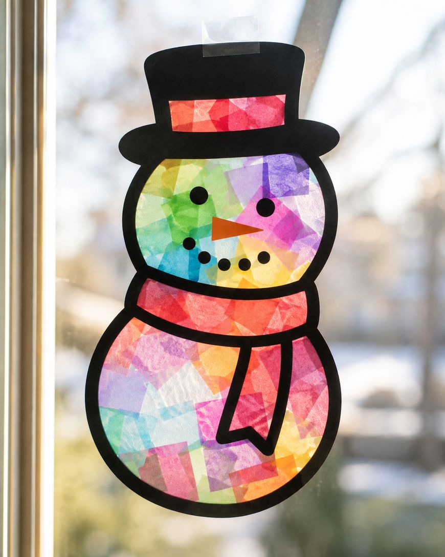 A colorful snowman sun catcher made of tissue paper with a black outline, hat, and scarf, taped to a sunny window.