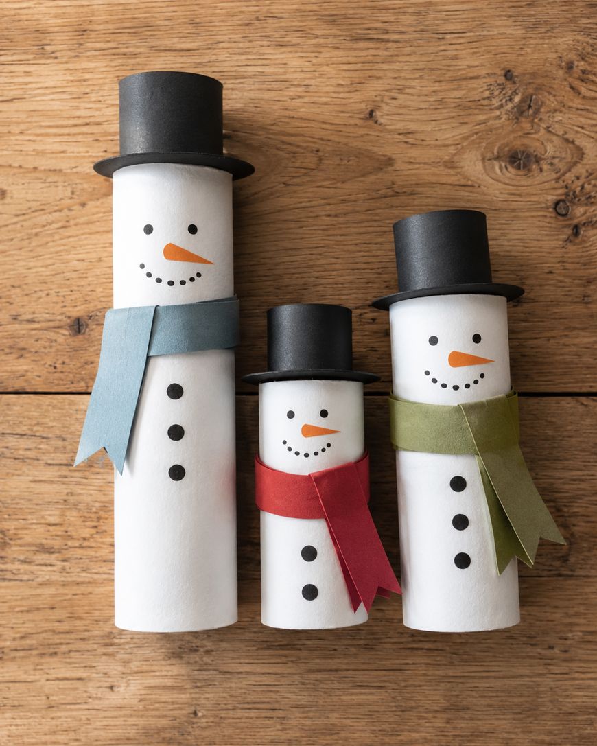 Three snowmen made from cardboard tubes, decorated with paper hats, scarves, buttons, and drawn-on faces, stand in a row on a wooden surface.