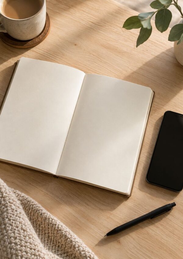 An open blank notebook on a wooden table beside a black pen, a smartphone, a cup of coffee, a potted plant, and a beige knitted blanket in soft natural light.