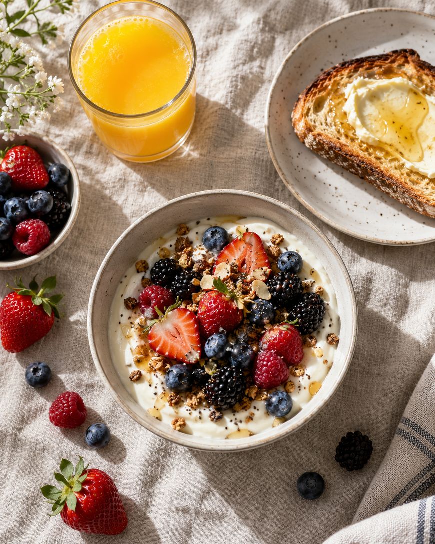 A bowl of yogurt topped with granola and fresh berries sits on a table beside a plate with toast and honey, a glass of orange juice, and scattered berries. Sunlight brightens the breakfast scene.