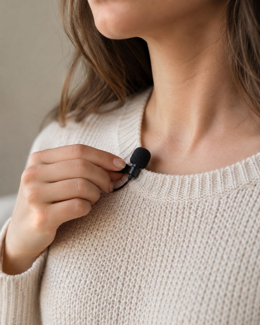 A woman in a cream-colored sweater clips a small black microphone to her collar, with her face partially visible and hair resting on her shoulders.