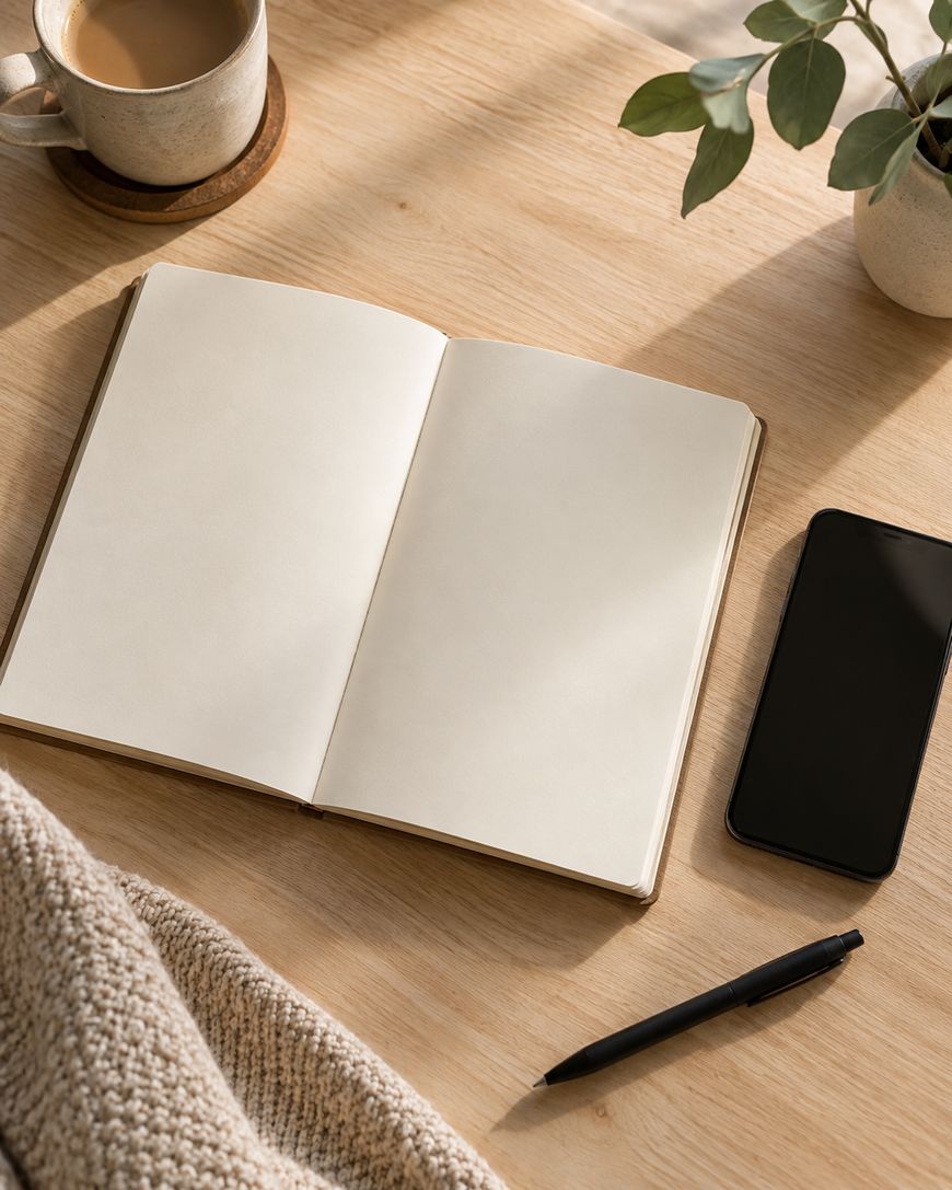 An open blank notebook sits on a wooden desk next to a black pen, a smartphone, a mug of coffee, a plant in a pot, and a cozy beige sweater. Sunlight casts soft shadows across the scene.