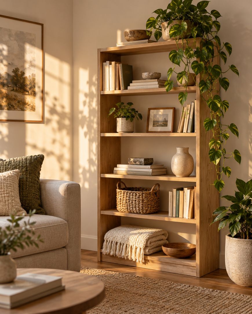 A cozy living room with sunlight streaming in, featuring a wooden bookshelf with books, plants, baskets, pottery, and framed art beside a beige sofa and a round wooden table.