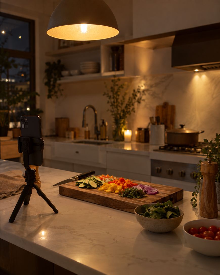 A cozy kitchen lit by warm lights, with chopped vegetables on a cutting board and a smartphone on a tripod, ready to record. Bowls of greens and tomatoes sit on the marble countertop.