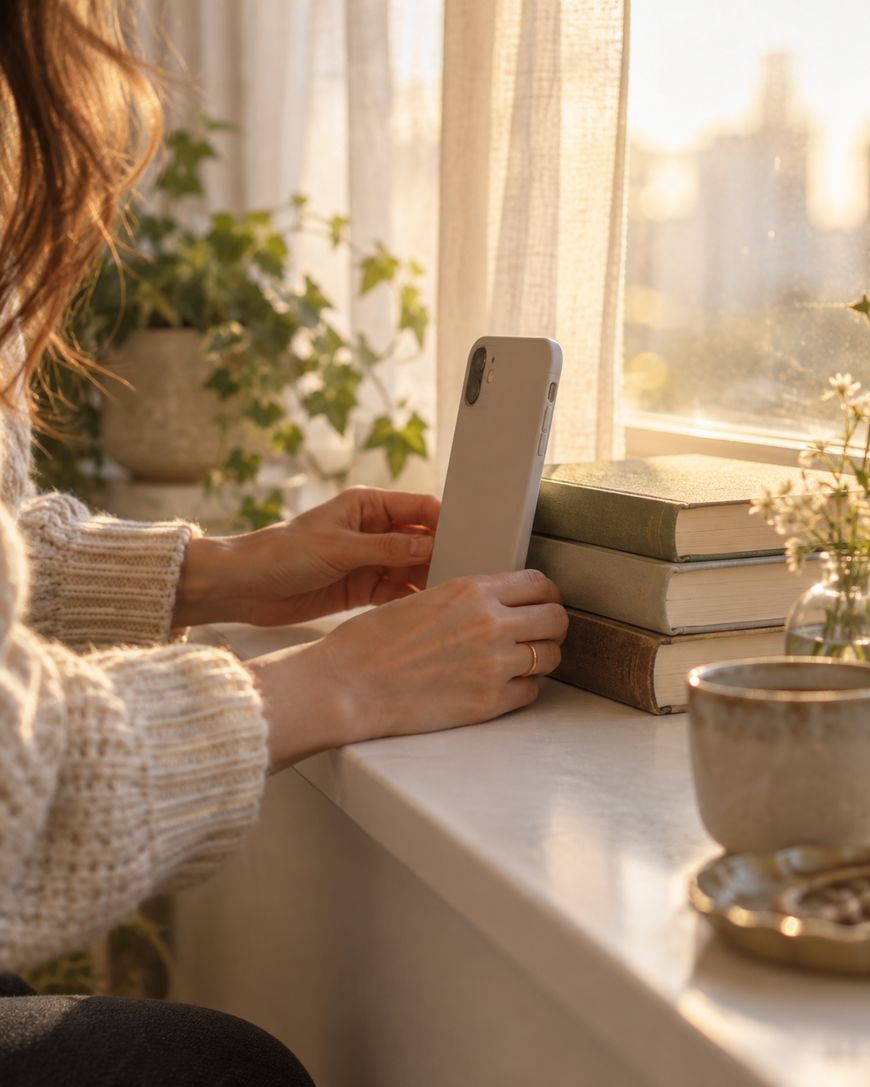 A person in a cozy sweater holds a smartphone by a sunlit windowsill with potted plants, stacked books, and a cup of coffee.