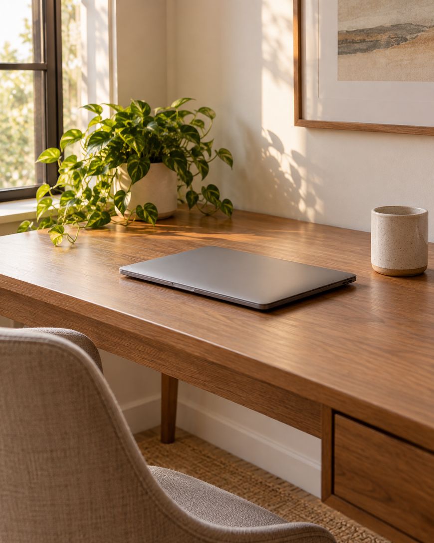 A closed laptop sits on a wooden desk near a window, next to a potted plant and a ceramic cup. A framed picture hangs on the wall above the desk, and a cushioned chair is positioned in front.